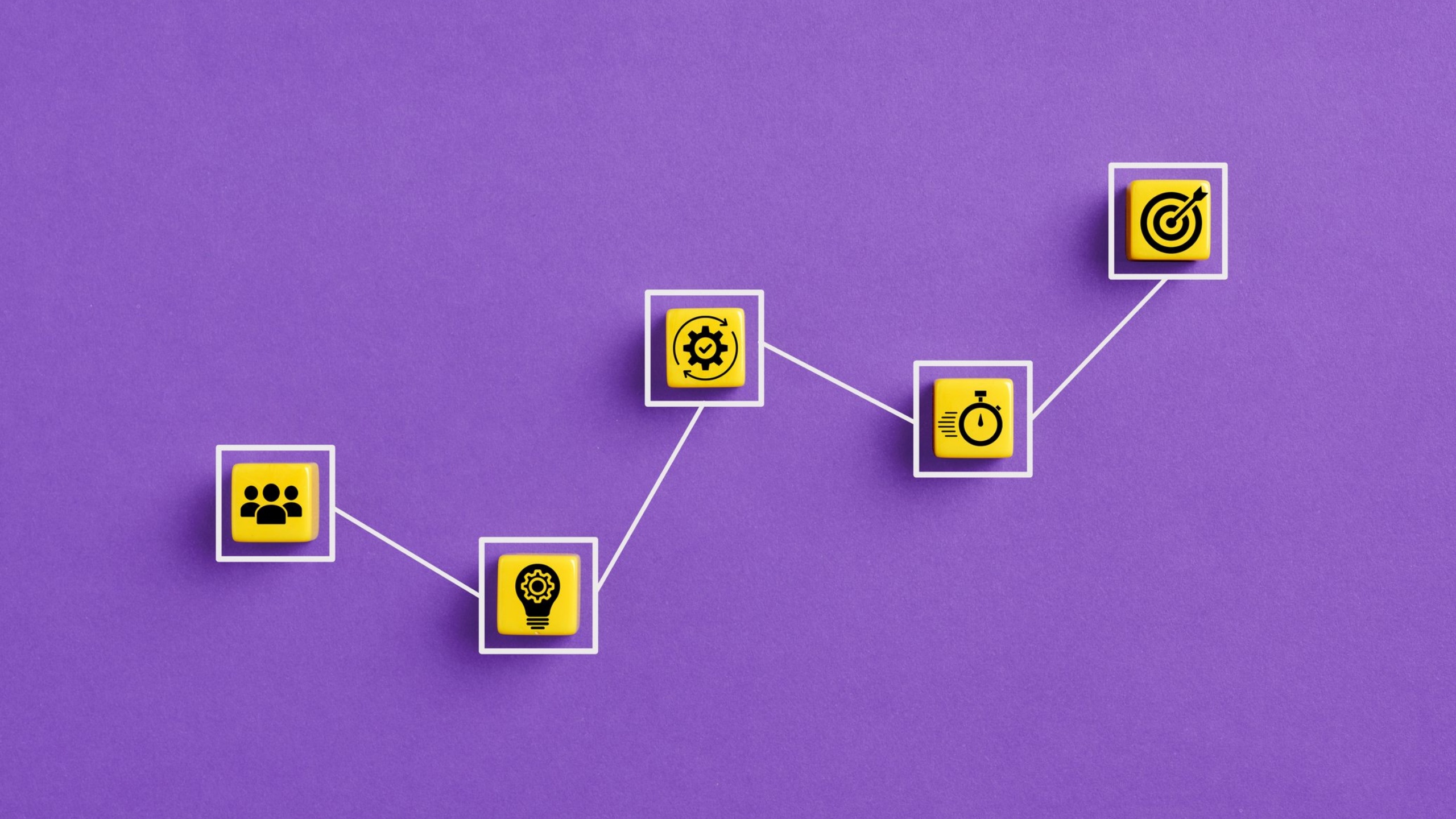 Purple background with yellow squares connected by whiute lines to form an upward tragetory iconic business principles.