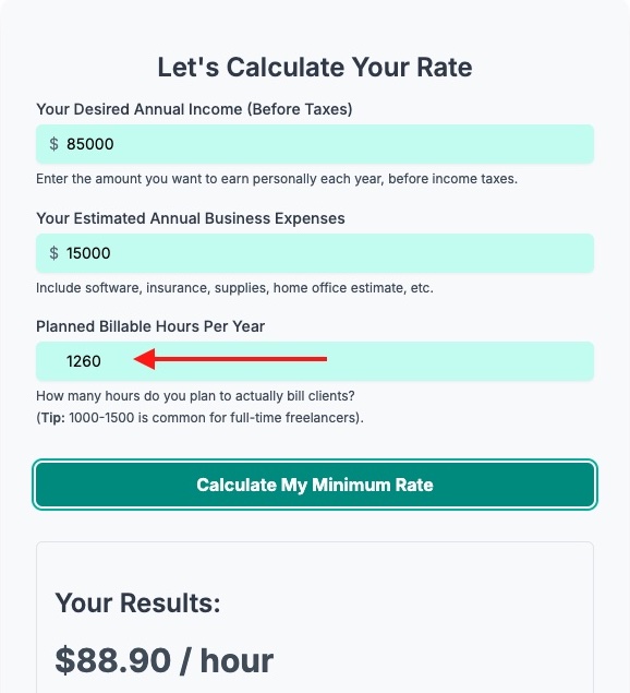 Screenshot of calculator. Enter your realistic billable hours here for an accurate baseline.