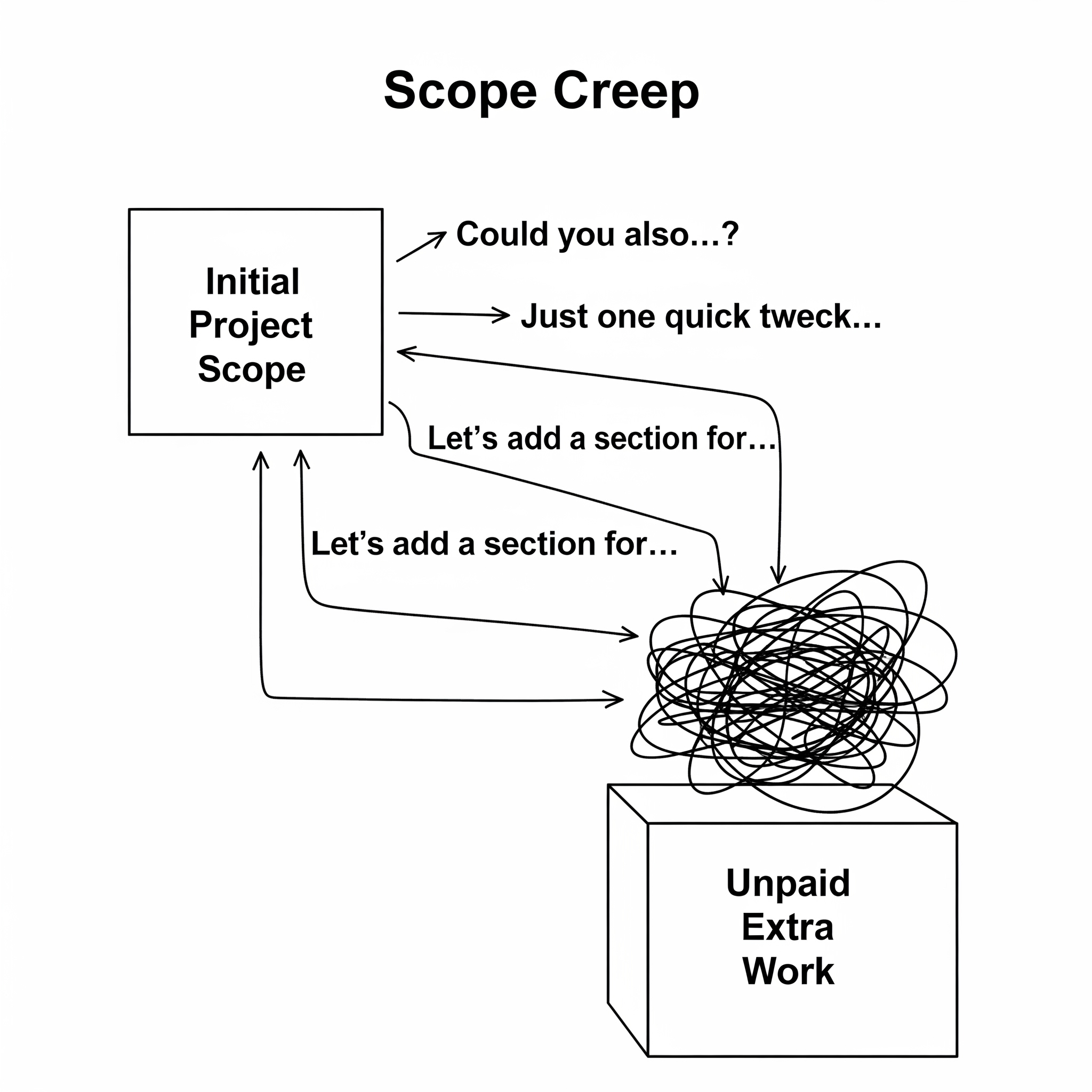 A simple flowchart or diagram illustrating "Scope Creep." Start with a box labeled "Initial Project Scope." Have multiple arrows branching off with phrases like "Could you also...?", "Just one quick tweak...", "Let's add a section for...", all pointing to a new, larger, chaotic box labeled "Unpaid Extra Work.